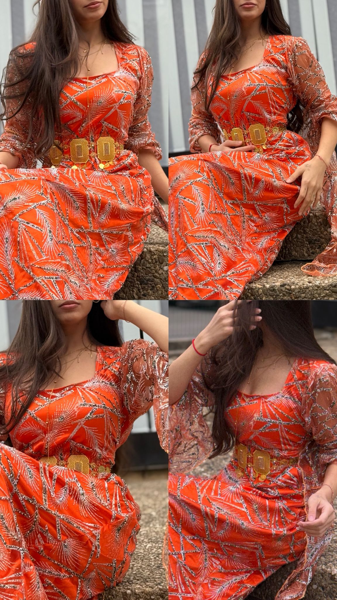 Traditionelles Kurdisches Abendkleider-Hochzeitskleid - Orange mit Goldstickerei